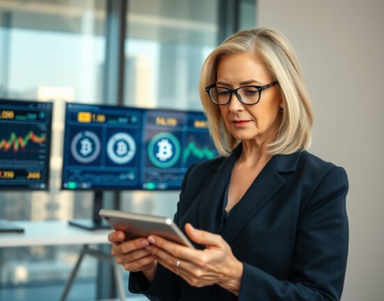 Cathie Wood of Ark Invest holding a smartphone in a modern office with financial charts in the background.