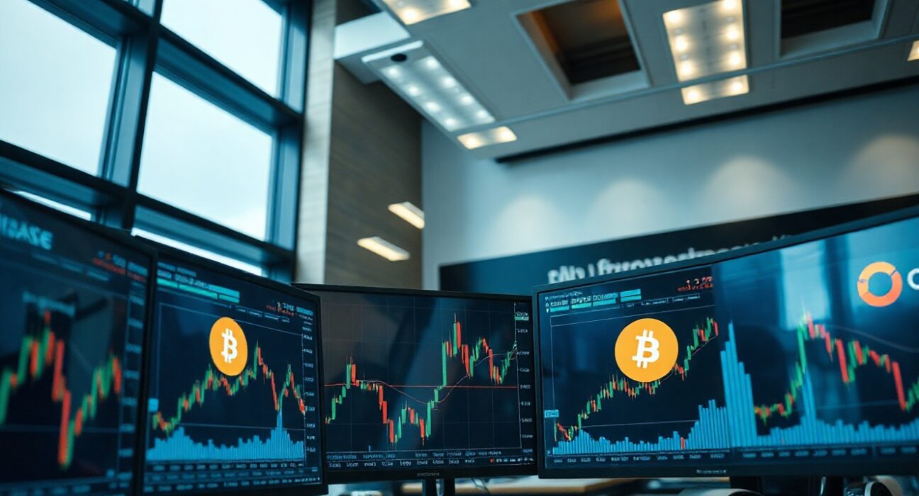 Financial trading floor with monitors showing cryptocurrency charts, representing ARK Invest's purchase of Coinbase and Circle shares.