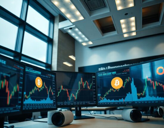 Financial trading floor with monitors showing cryptocurrency charts, representing ARK Invest's purchase of Coinbase and Circle shares.