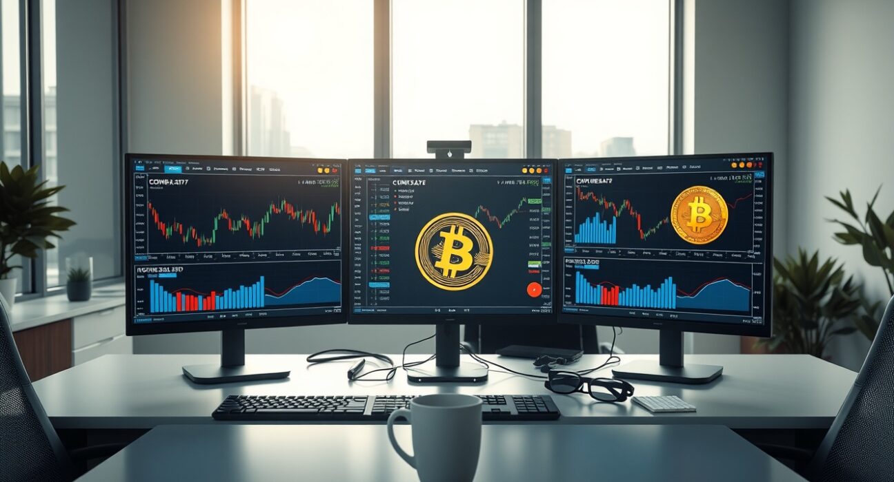 Financial trading desk with monitors showing Coinbase and Bitcoin stock charts