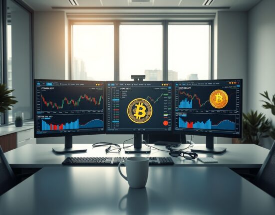 Financial trading desk with monitors showing Coinbase and Bitcoin stock charts