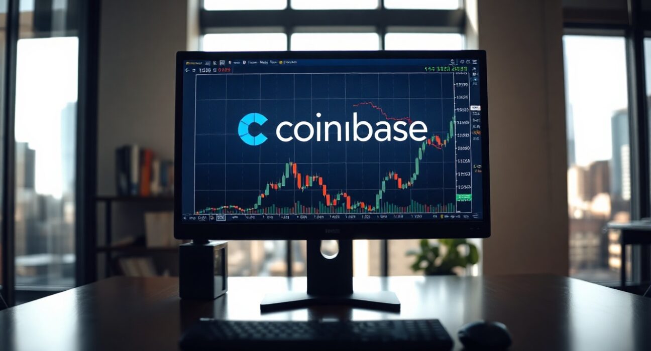 Investor's desk with monitor showing Coinbase stock chart and financial data in a professional office setting