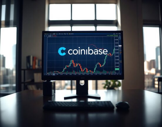 Investor's desk with monitor showing Coinbase stock chart and financial data in a professional office setting