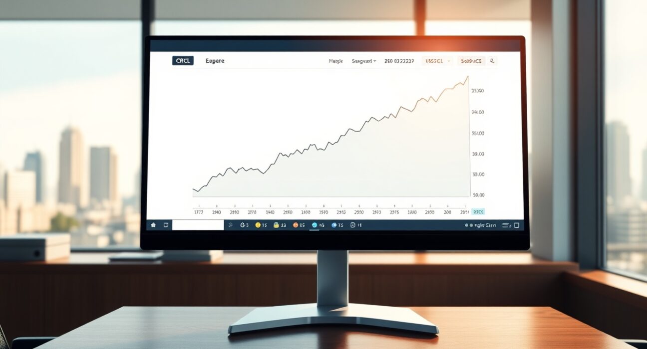 Financial analyst reviewing a trading screen showing Ark Invest's strategic investment in Circle's CRCL stock and USDC stablecoin data.