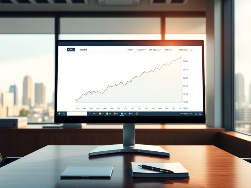 Financial analyst reviewing a trading screen showing Ark Invest's strategic investment in Circle's CRCL stock and USDC stablecoin data.