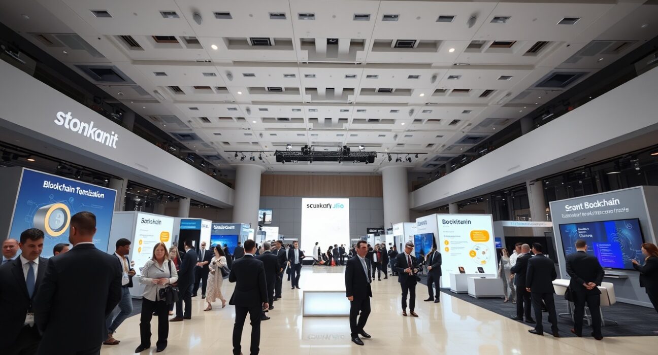 Professional attendees at Consensus 2026 in Miami discussing blockchain and tokenization at exhibition booths.