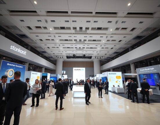 Professional attendees at Consensus 2026 in Miami discussing blockchain and tokenization at exhibition booths.