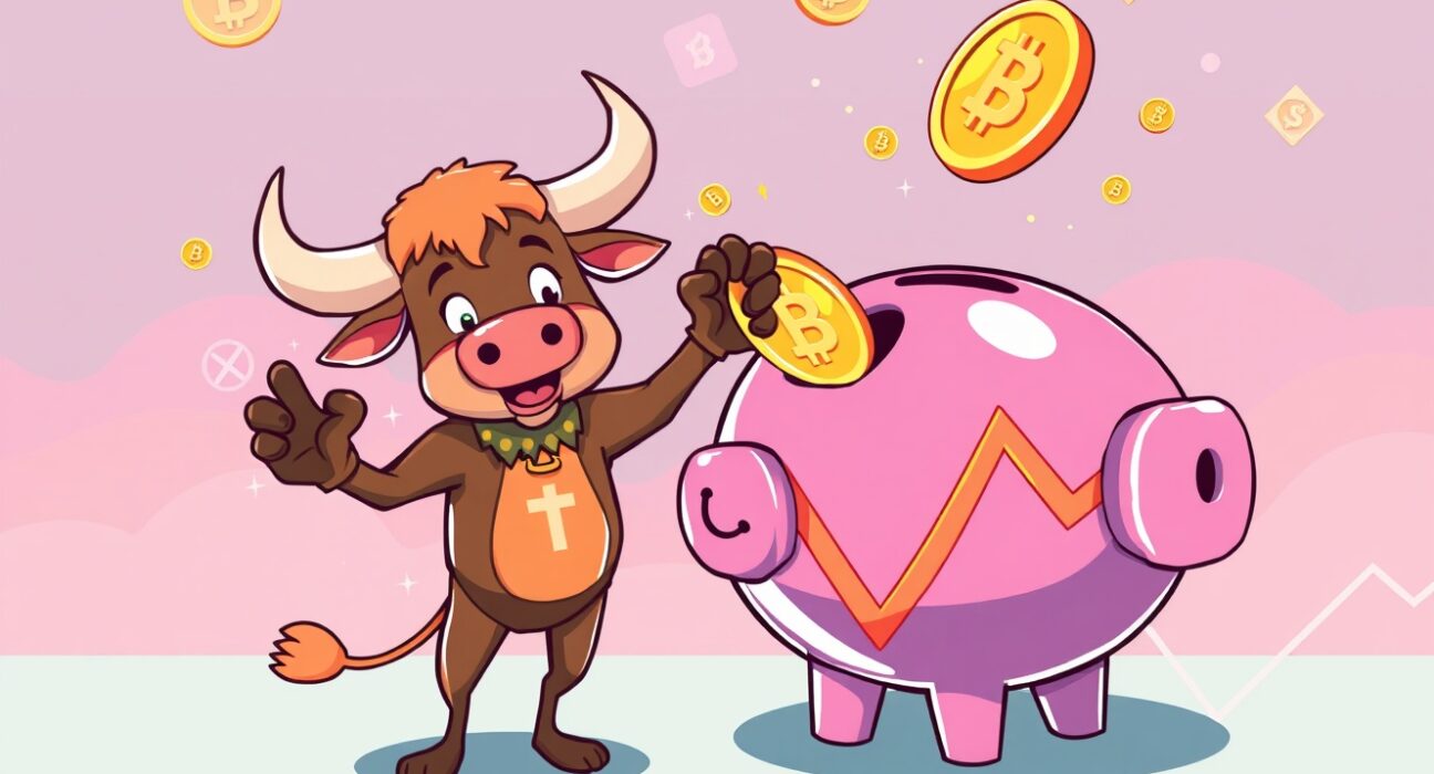 Confident bull investing in Coinbase stock with crypto symbols in vibrant illustration
