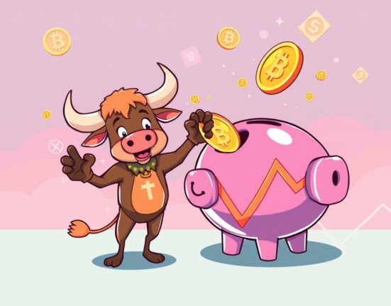 Confident bull investing in Coinbase stock with crypto symbols in vibrant illustration