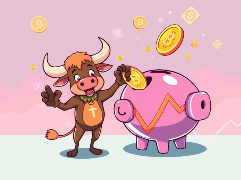 Confident bull investing in Coinbase stock with crypto symbols in vibrant illustration