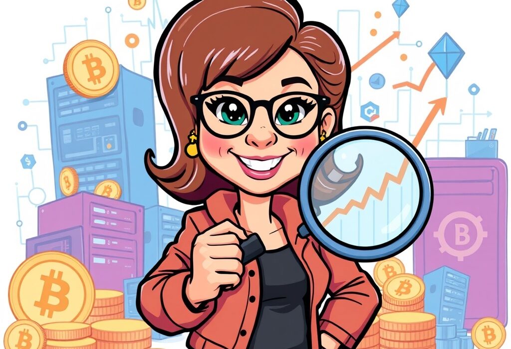 Cartoon illustration showing Cathie Wood confidently investing in ARK Invest crypto assets, symbolizing strategic growth in digital markets.