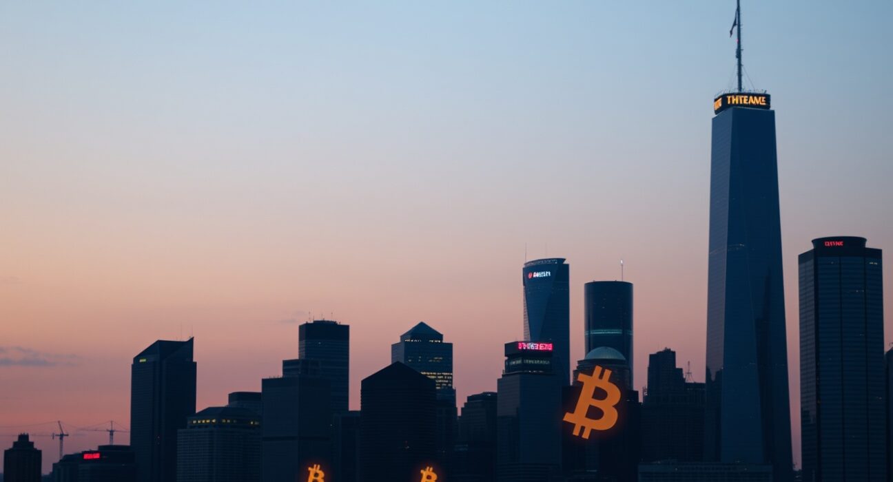 Crypto symbols fading over a city skyline at dusk, representing market consolidation.