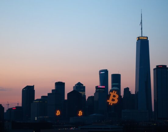 Crypto symbols fading over a city skyline at dusk, representing market consolidation.