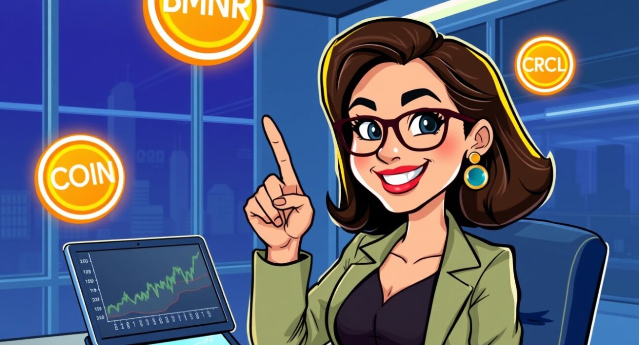 Strategic Ark Invest crypto stock purchases depicted in a vibrant cartoon of portfolio growth.