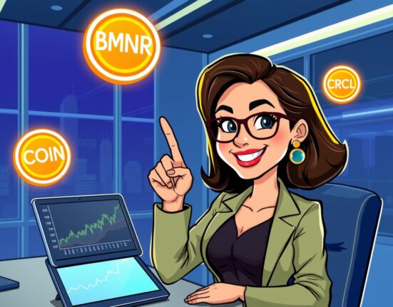 Strategic Ark Invest crypto stock purchases depicted in a vibrant cartoon of portfolio growth.