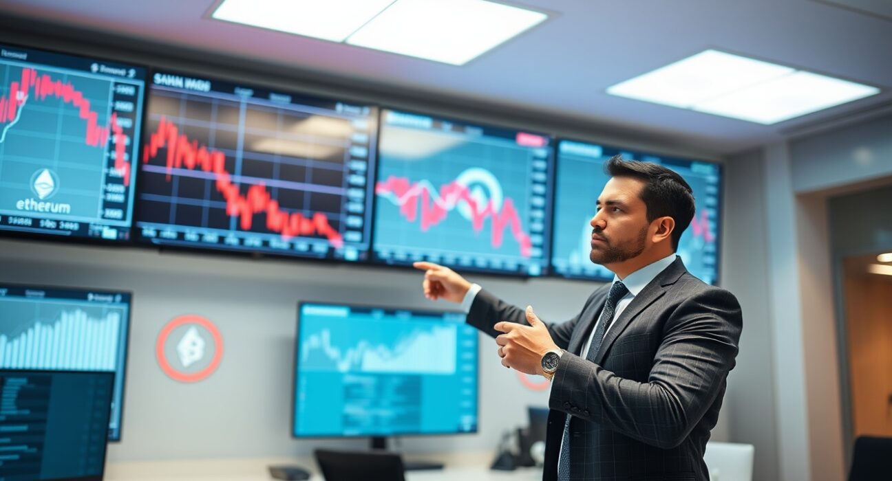 Professional analyst pointing at trading screens showing declining crypto market charts.
