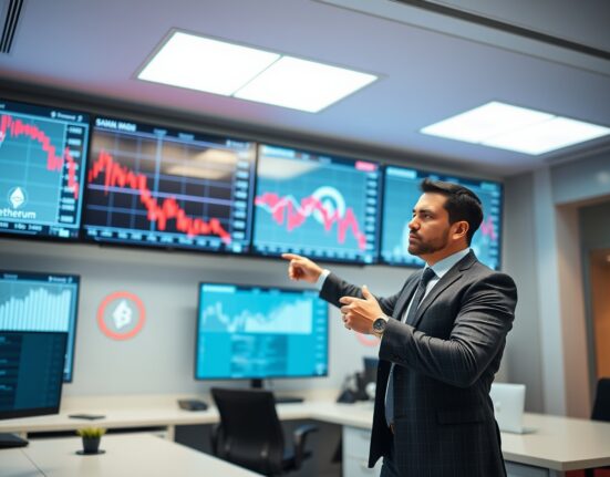 Professional analyst pointing at trading screens showing declining crypto market charts.