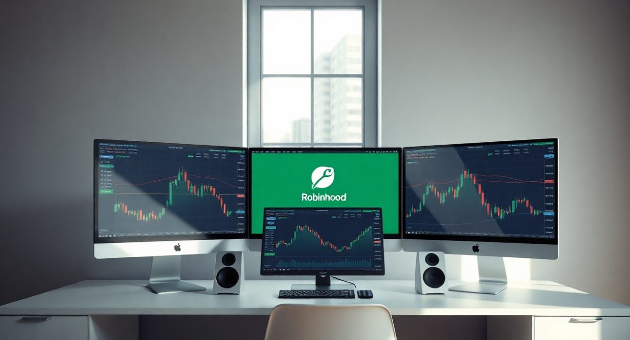 A trading desk with monitors showing financial charts and a Robinhood logo, representing stock trading and portfolio management.