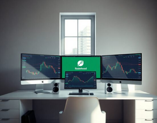 A trading desk with monitors showing financial charts and a Robinhood logo, representing stock trading and portfolio management.