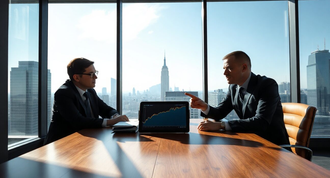 Two professionals in a meeting discussing institutional crypto investment with a Bitcoin chart on a tablet