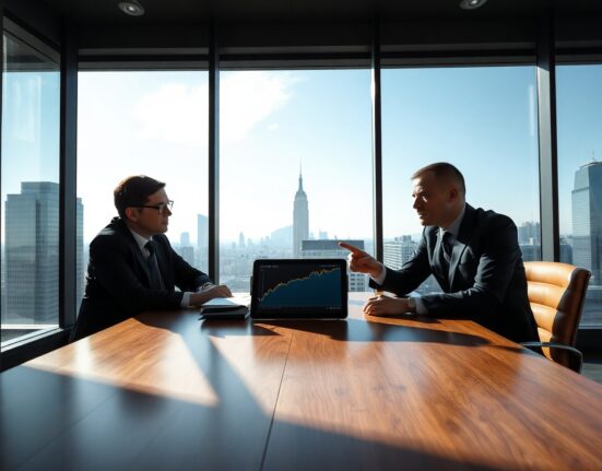 Two professionals in a meeting discussing institutional crypto investment with a Bitcoin chart on a tablet