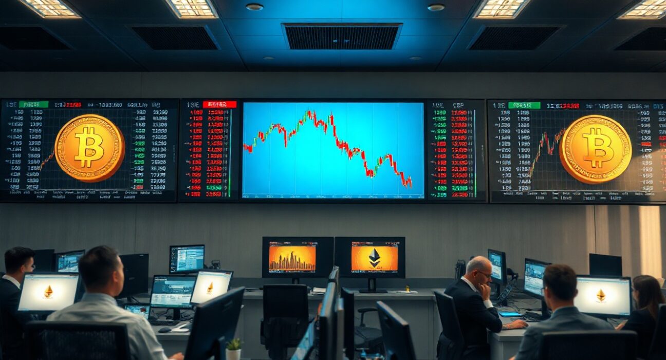 Trading floor monitors showing falling cryptocurrency stock charts
