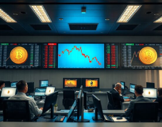 Trading floor monitors showing falling cryptocurrency stock charts