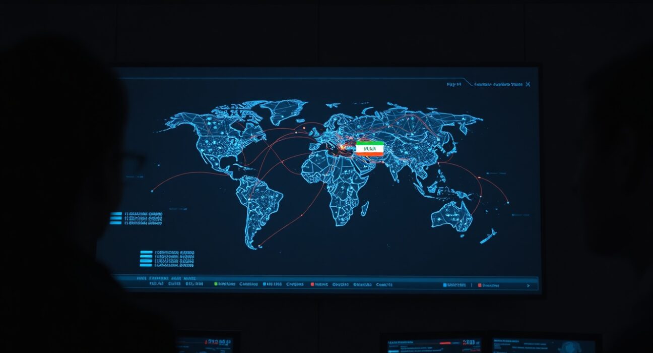 Blockchain analytics screen showing a network map of crypto wallet connections linked to Iran's central bank.