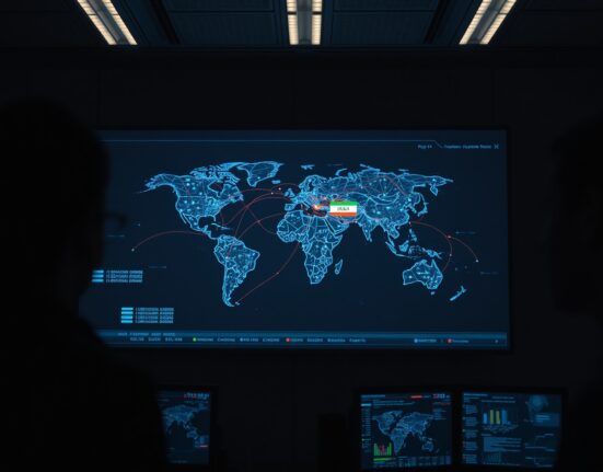 Blockchain analytics screen showing a network map of crypto wallet connections linked to Iran's central bank.