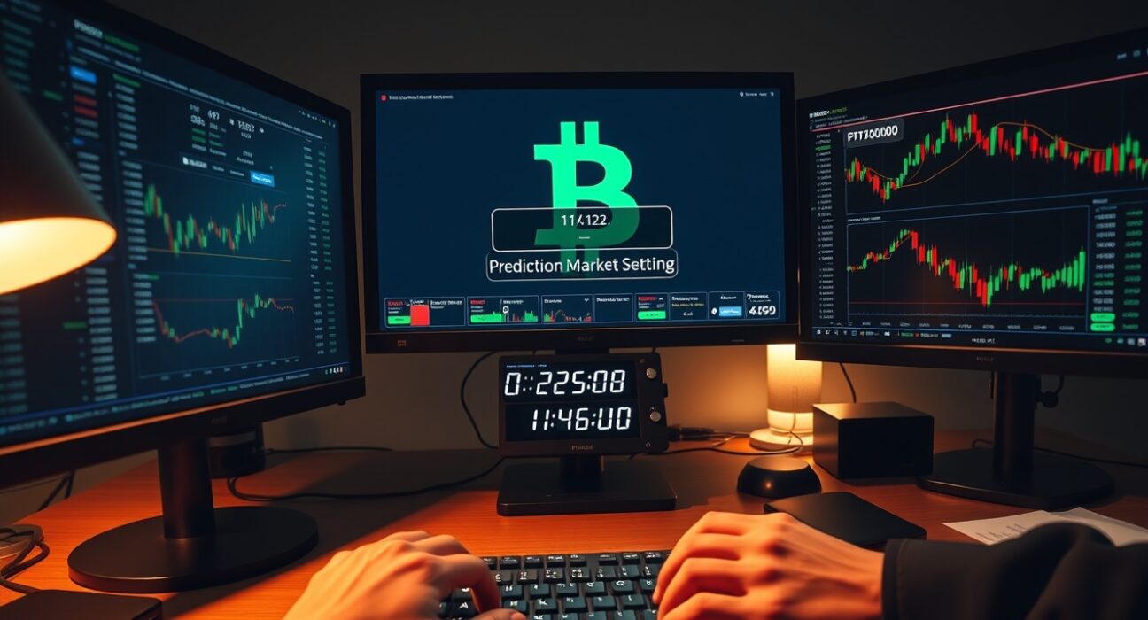 Trading desk monitors showing blockchain data and Bitcoin charts with prediction market countdown