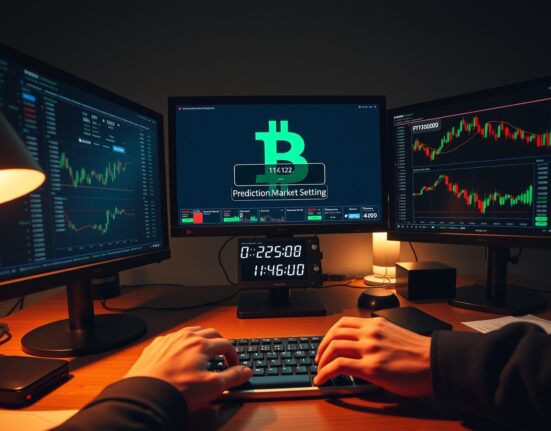 Trading desk monitors showing blockchain data and Bitcoin charts with prediction market countdown