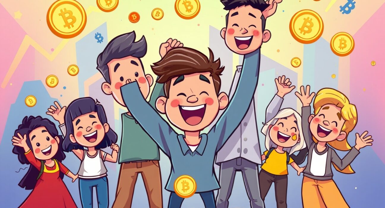A vibrant cartoon celebrating the hidden altcoin season with digital tokens and rising graphs.