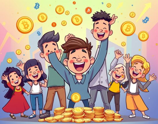 A vibrant cartoon celebrating the hidden altcoin season with digital tokens and rising graphs.