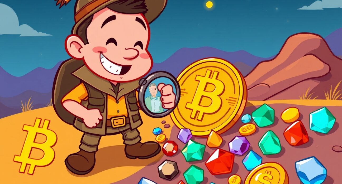 A cheerful cartoon prospector bargain hunting for valuable altcoins among market rubble.