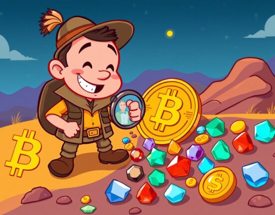A cheerful cartoon prospector bargain hunting for valuable altcoins among market rubble.