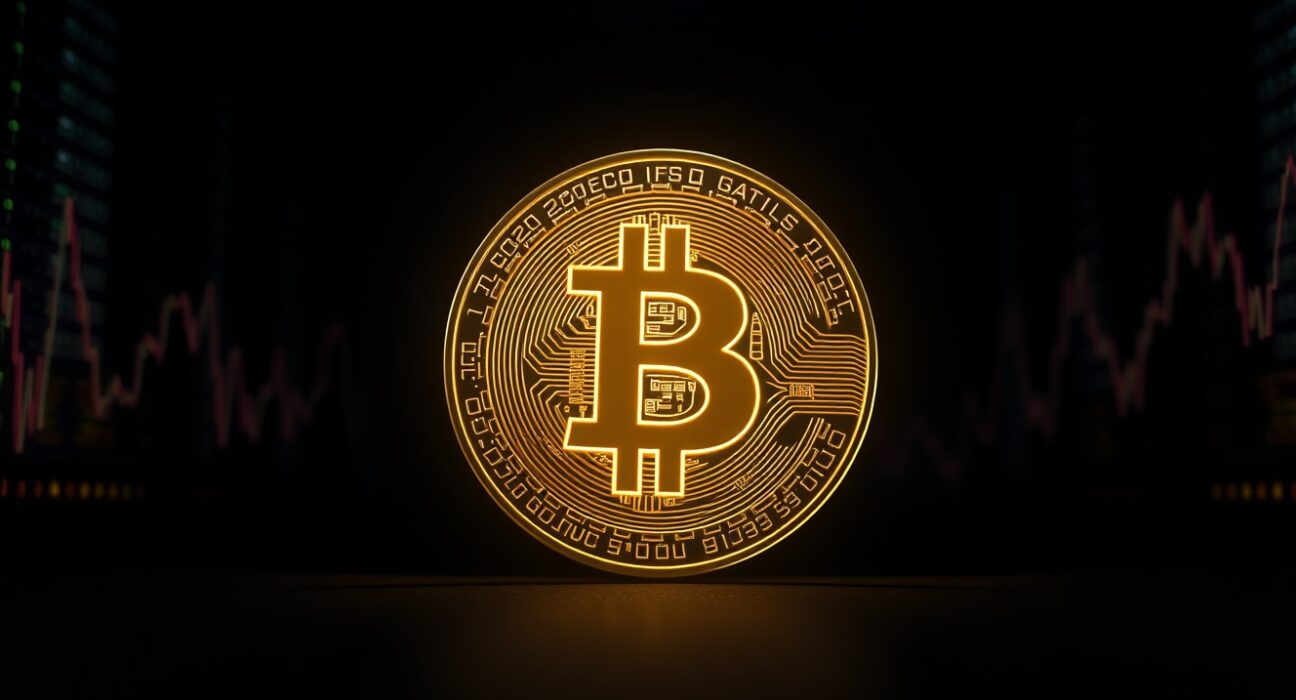 Bitcoin coin glowing against dark financial charts and data center background