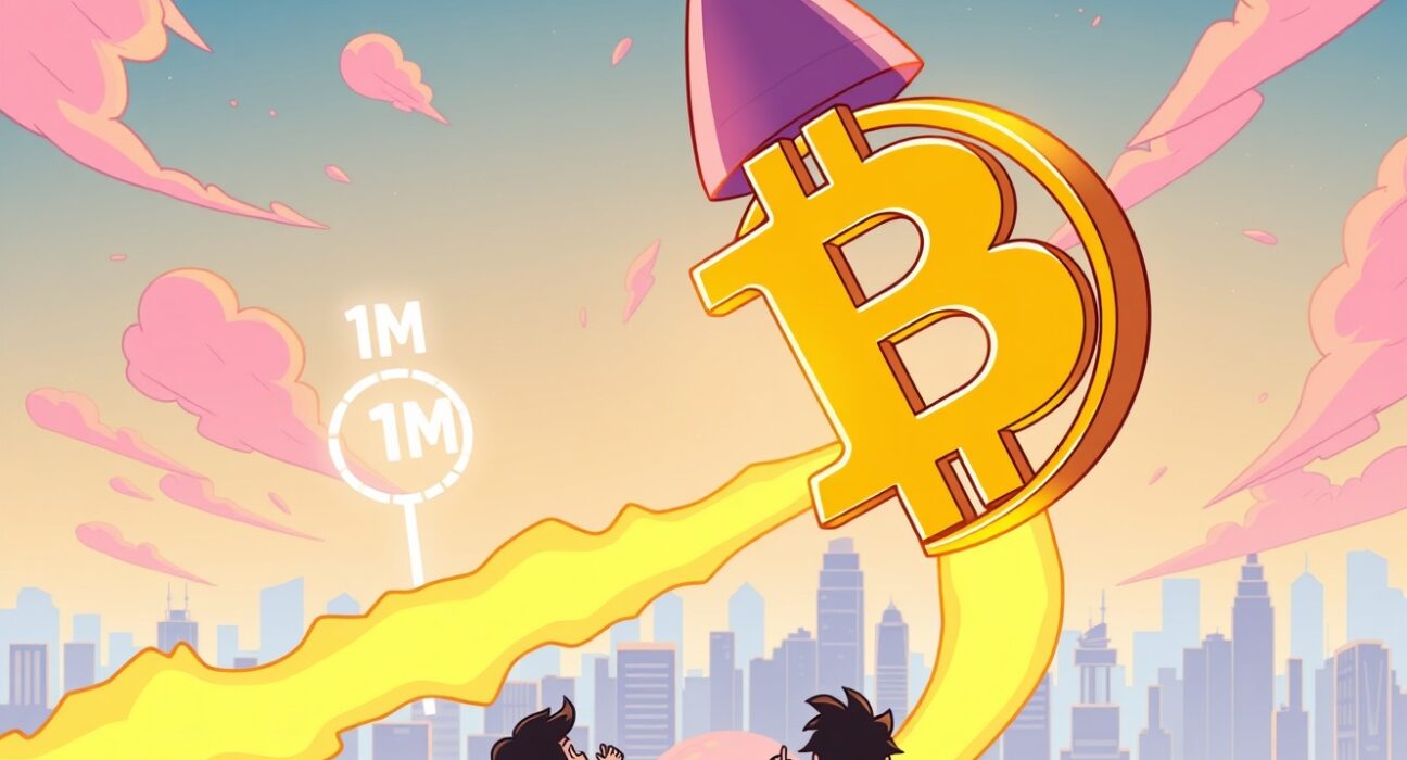 A cartoon rocket-powered Bitcoin soaring high, illustrating the ambitious prediction of Bitcoin to $1M in the near future.