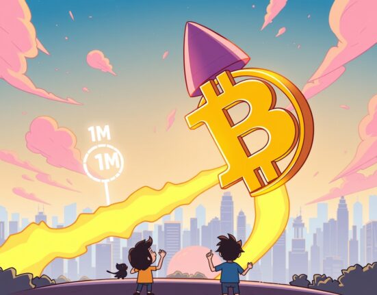 A cartoon rocket-powered Bitcoin soaring high, illustrating the ambitious prediction of Bitcoin to $1M in the near future.