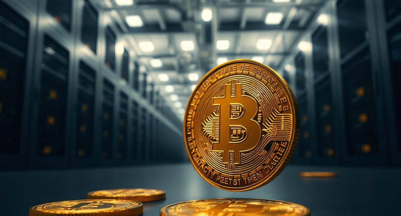 Bitcoin coin in foreground with blurred data center background symbolizing AI bubble and crypto market.