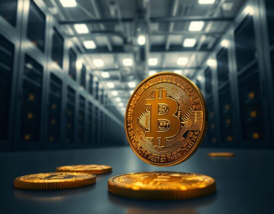 Bitcoin coin in foreground with blurred data center background symbolizing AI bubble and crypto market.