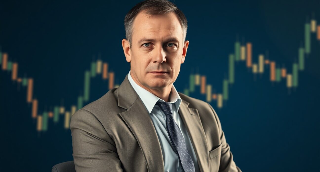Arthur Hayes, BitMEX co-founder, in a professional studio portrait with financial chart background.