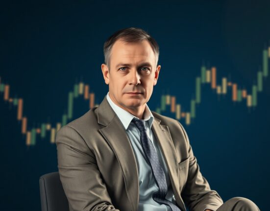 Arthur Hayes, BitMEX co-founder, in a professional studio portrait with financial chart background.