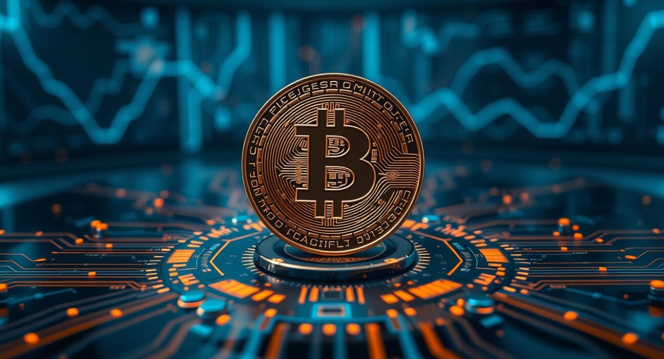 Bitcoin coin on a circuit board representing AI and financial infrastructure