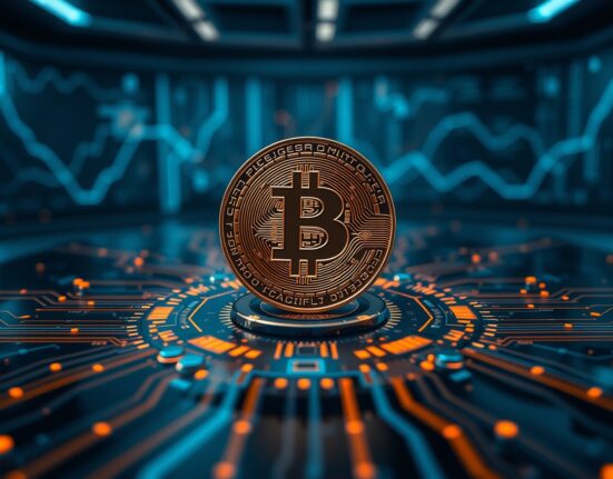 Bitcoin coin on a circuit board representing AI and financial infrastructure