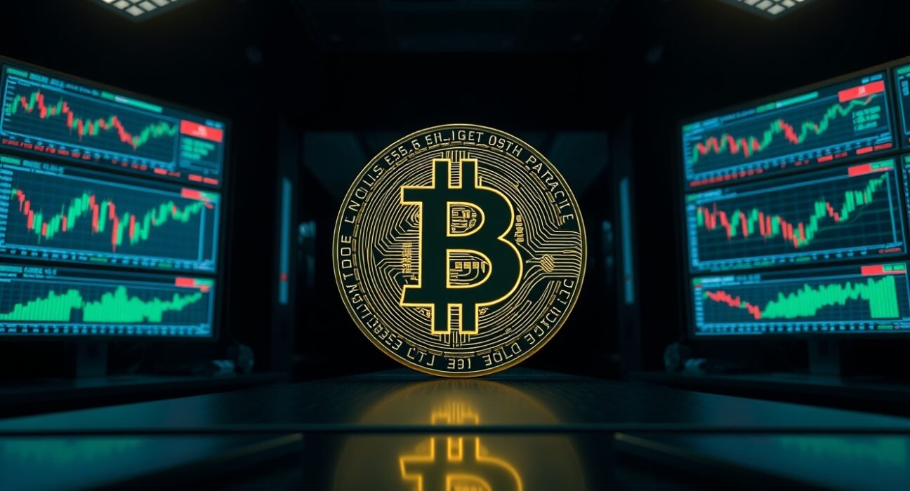 Bitcoin coin on a professional trading desk with multiple monitors showing market charts.