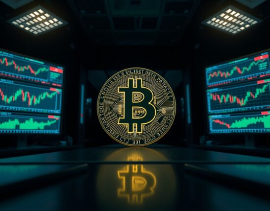 Bitcoin coin on a professional trading desk with multiple monitors showing market charts.