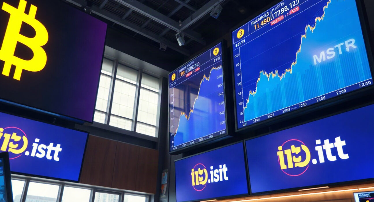 Trading floor with screens showing Bitcoin price and MSTR and IBIT tickers