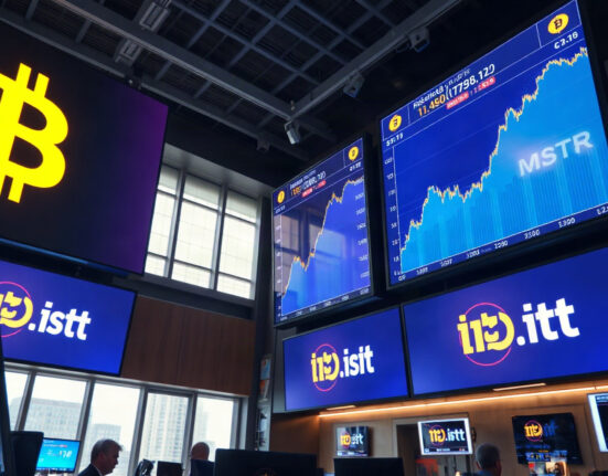 Trading floor with screens showing Bitcoin price and MSTR and IBIT tickers
