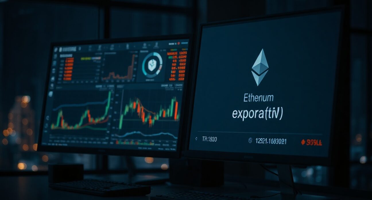 Arthur Hayes Ethereum purchase transaction displayed on a trading desk monitor with crypto charts.