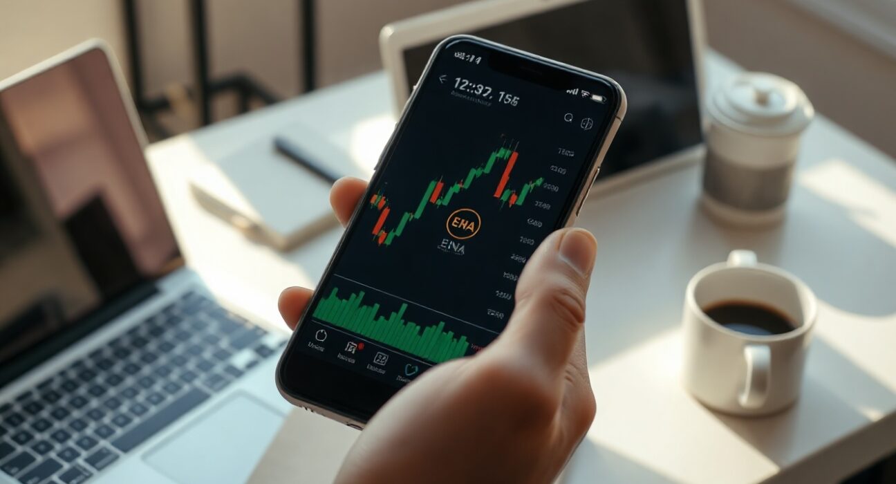Smartphone showing ENA token trading chart with green candlestick pattern